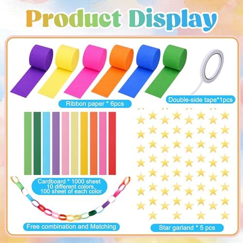 1000 Sheet Rainbow Paper Chain Strips and 65 ft Star Garland Set