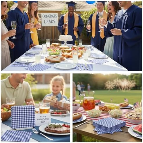 NatNarr 80 Pk Gingham Napkins Navy Blue Napkins Disposable, 6.5"