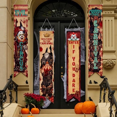 Hahafelt 6 Pcs Halloween Party Decorations Banners 61 Inch Carnival Clown Bulletin Board Banner Evil Circus Gothic Porch Door Hanging Decor for Wall Classroom Office Halloween Circus Party Supplies