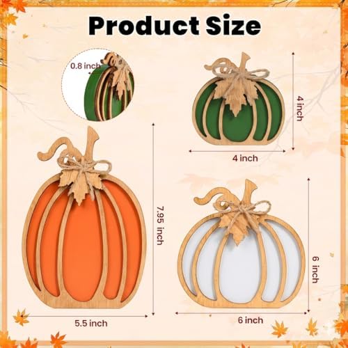 OLANRUN Fall Decorations for Home, 3-Piece Farmhouse Wooden Pumpkin Fall Decor, Handmade Crafts, Autumn Thanksgiving Decorations for Table, Tiered Tray, Mantel, Shelf, Office (4-8 Inch)
