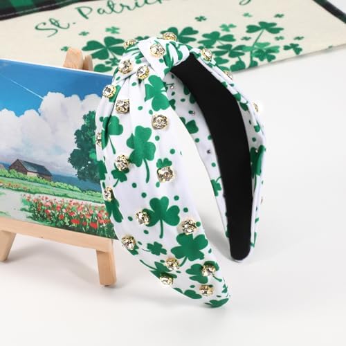 Ardorchid St.Patrick's Day Headbands Irish Green Shamrock Rhinestone Hair Accessories for Women Girls Gifts Wide Knot Hair Hoop Celebration Party Hairbands