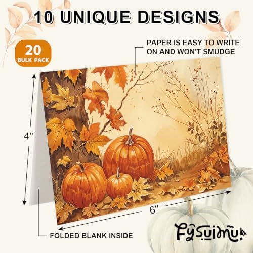 FYSUIMU Fall Greeting Cards 4 x 6 Inch Boxed Autumn Truck Pumpkin Leaves Blank Note Card with Envelopes Stickers Glue Stick for Thanksgiving Harvest Party Supplies, 20 Pack