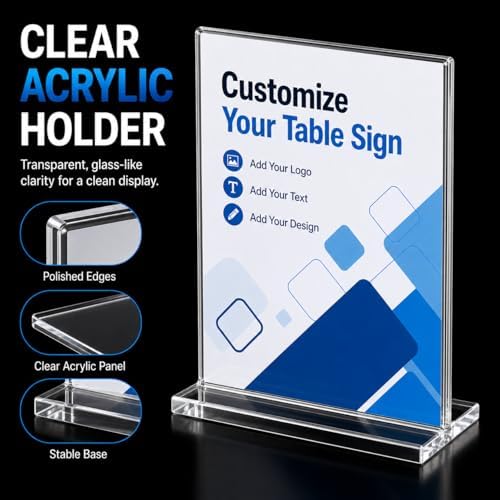 Custom Acrylic Table Sign with Printed Insert, Clear Acrylic Holder Stand with Personalized Paper Display, Design Your Own Table Sign for Wedding Reception, Party, Business Counter, Event & Table Decor