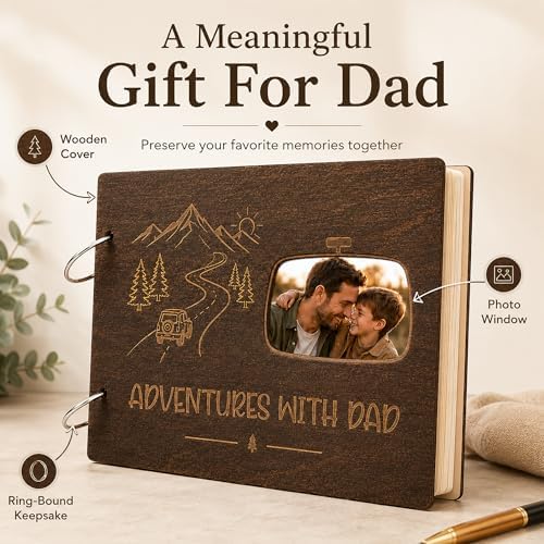 Adventure Scrapbook With Wooden Cover For Dad, Father’s Day Photo Album, Fathers Day Scrapbook, Personalized Fathers Day Book, Fathers Day Gift From Kids Son Daughter Wife
