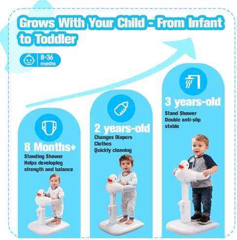 Baby Shower Stand 𝙬𝙞𝙩𝙝 𝙎𝙝𝙤𝙬𝙚𝙧 𝘾𝙖𝙥 & 𝙎𝙩𝙤𝙤𝙡 - Safety & Non-Slip Baby Bath Stand, Toddler Shower Stand for Infants 6-36 Months, Shower Standing Support Max 35 Lbs Capacity
