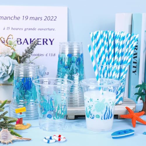 Whaline 50Pcs Summer Ocean Plastic Cups Disposable Cups with Lids Straws 12oz Blue Seaweed Starfish Turtle Clear Plastic Cup for Summer Ocean Party Supplies