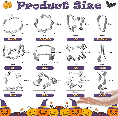 Halloween Cookie Cutters, 12 pieces Cookie Cutters Shape Set Stainless Steel Biscuit Cutters Mold with Pumpkin, Cat, Ghost, and More for DIY Halloween Food Party Baking Decorations Supplies