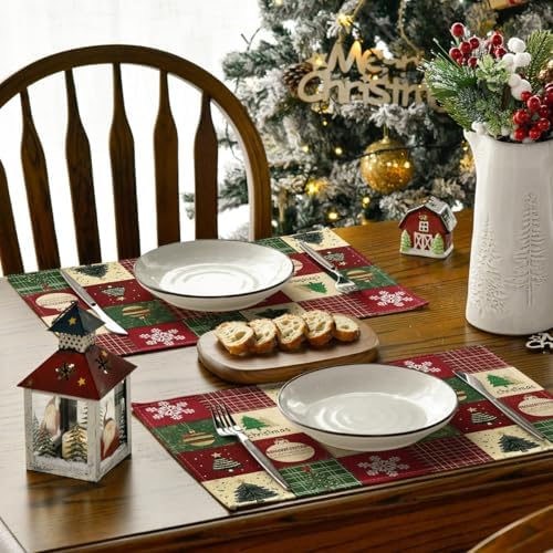 Artoid Mode Xmas Trees Christmas Balls Placemats Set of 6, 12x18 Inch Table Mats for Winter New Year Holiday Party Kitchen Dining Decoration