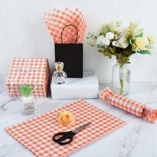 BEISHIDA Gingham Tissue Paper Bulk, Orange White Checkered Wrapping Tissue Paper for Gift Bags, 14 x 20 Inch Gift Wrap for Birthday Thanksgiving Fall DIY Crafts Decor Holiday Flowers,50 Sheets