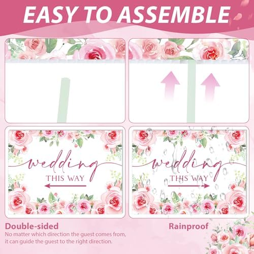 8 Pcs 17 × 8.5" Wedding This Way Directional Parking Signs Road with Stakes Large Double Sided Direction Printed Ceremony Reception Lawn Yard Arrow Sign Exquisite Plastic Rainproof (Pink Rose)