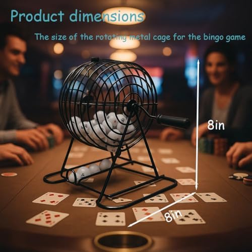 Bingo Cage Game Set for Adults and Youths，Premium Bingo Set includes 8inch rotating metal cage, 75 bingo balls, 18 cards, 150 chips, and foldable main board. Ideal for family bingo and parties