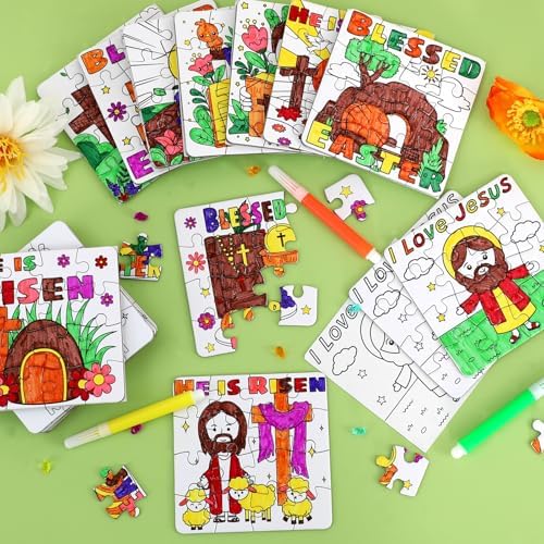 24Pcs Christian Easter Crafts for Kids Ages 4-8, Religious Easter Puzzle Jesus He Is Risen, Bible Jigsaw Arts Gifts for Classroom DIY Activity, Basket Stuffers, Spring Party Favors, Coloring Game Bulk