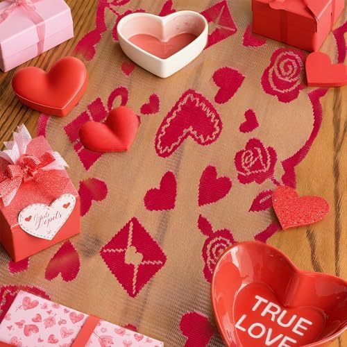 OHOME Valentines Day Decorations - Red Lace Table Runner | Valentines Day Decor Party Supplies Favors - Galentines Day Decorations Holiday Heart Table Cloth Centerpiece for Wedding Home Kitchen