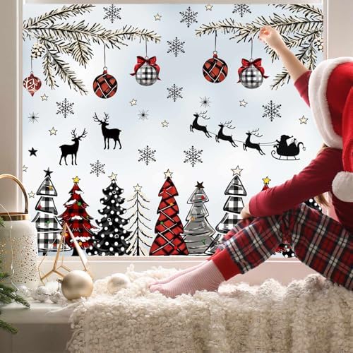 MEHOFOND Winter Christmas Window Cling Sticker 8 Sheet, Black Red Plaid Christmas Tree Snow for Xmas Holidays Home Party Supplies Shop Window Glass Display Decoration