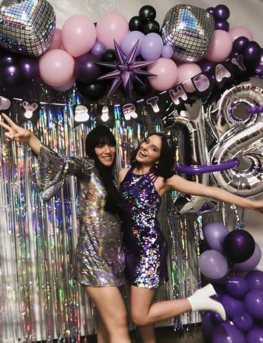 Pink and Purple Balloon Arch Garland Kit, 109PCS Pink Purple Black Balloons with Starburst Foil Balloons, Trendy Music Birthday Decorations for Girls and Teens, Concert and Movie Fans Party Supplies
