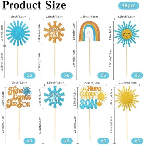 Here Comes the Son Cupcake Toppers, 48 PCS Here Comes the Son Baby Shower Decorations, Glitter Sun Themed Cupcake Party Decorations, Cupcakes Picks Food Picks for Baby Shower Party, Birthday, Wedding