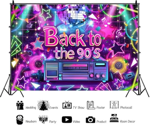 90's Party Decorations Backdrop Back to The 90's Banner, 90s Hip Hop Party Rock Music Disco Photography Background for 90s Themed Birthday Party, 15X10FT