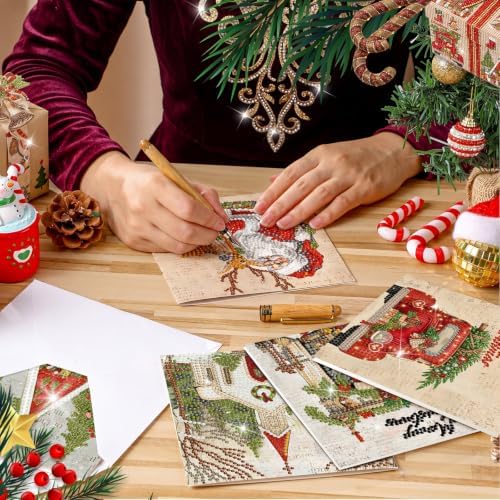 Saillong 12 Pack Vintage Christmas Diamond Painting Greeting Card Kits DIY Red Retro Christmas Diamond Art Cards with Envelopes Xmas 5D Rhinestones Painting kit for Adults DIY Craft Family Xmas Gifts