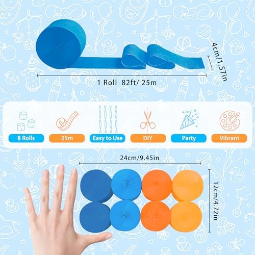 8 Rolls Crepe Paper Streamers, Blue and Orange Streamers Party Decorations for Blue Dog Paw Birthday Party Cartoon Bunting Puppy Dog Theme Celebration Decorations
