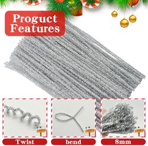 200Pcs Glitter Silver Pipe Cleaners Craft,Sparkly Pipe Cleaners,Art Aupplies Toys for Kids,DIY Craft Supplies for Halloween/Christmas Home Decor,Fidget Toys for Kids,Christmas Crafts for Girls 8-12