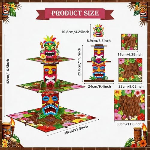 OHOME Luau Party Decorations | Hawaiian Cupcake Stand - 3 Tier Tiki Cake Holder - Tropical Party Decorations for Summer Beach Pool, Hawaiian Luau Birthday Favors Supplies