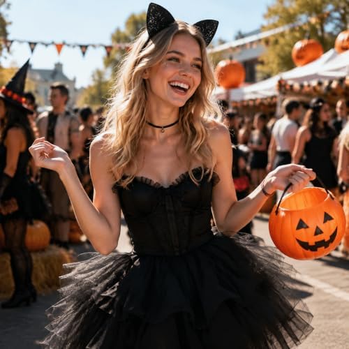 U-Goforst Black Cat Ears Headband Adult, Glitter Black Cat Costume for Women, Halloween Ears Fancy Dress Cosplay Accessories
