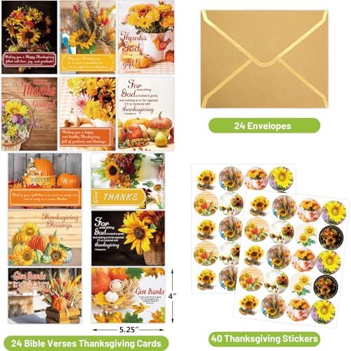 WorldBazaar Thanksgiving Greeting Cards with Scripture 24 Pcs Fall Religious Cards with Bible Verses Floral Thanksgiving Card Bulk Envelopes Assortment