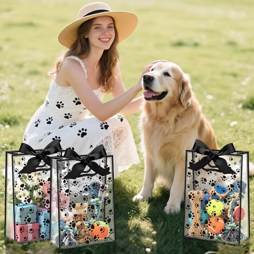Capoda 24 Pack Dog Paw Gift Bags with Handles Reusable Plastic Party Favor Bags for Dog Birthday Puppy Party Black Paw Goodie Bag Medium Treat Bag for Pet Adoption Rescue Events Doggy