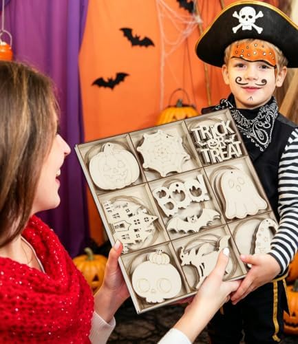 WOHOHOHO 45PCS 10 Designs Halloween Unfinished Paintable Blank with Tray