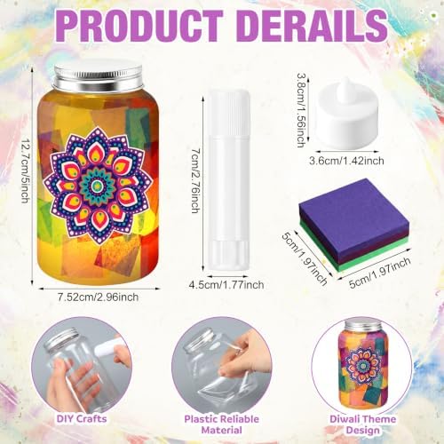 Qinyoung 12 Pcs Mandala Diwali Craft Mason Jars Tissue Paper Craft with LED