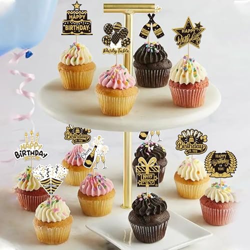 40 PCS Happy Birthday Cupcake Toppers Double Sided Balloon Star Cheers Party Time Happy Birthday Cupcake Picks for Celebrating Anniversary Theme Party Cake Decorations Supplies Black Gold