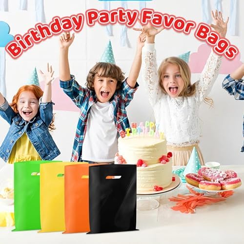 VieFantaisie 50 PCS Black Party Favor Bags, 8" x 11" Goodie Bags for Candy Treat Craft Easter Egg, Plastic Gift Bag with Die Cut Handles for Birthday Party, School Events & Small Business, Wedding