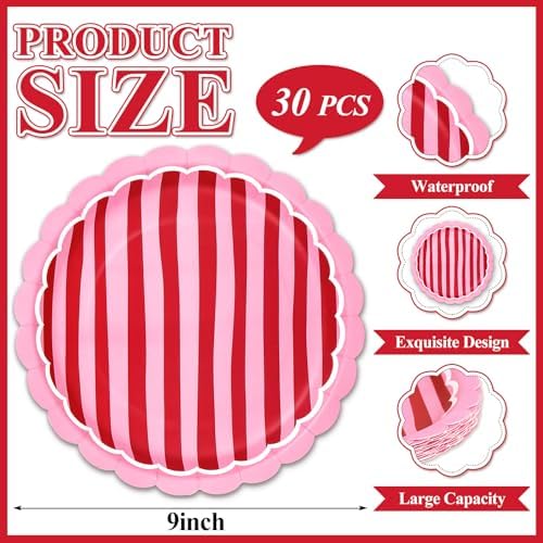 JarThenaAMCS 30Pcs Stripe Paper Plates 9 Inch Red Pink Scalloped Disposable Dinner Plate for Valentine's Day Wedding Summer Cherry Theme Party Table Decor