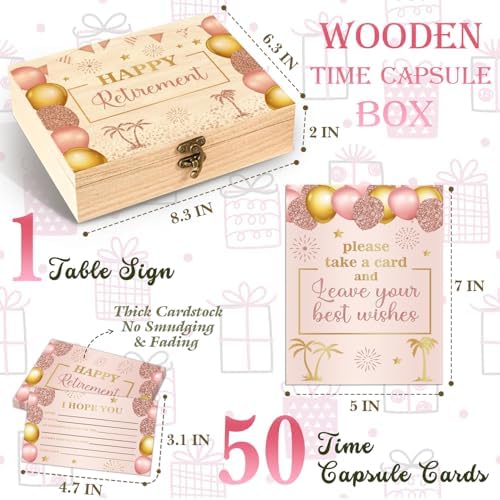 Pink Gold Retirement Card, Happy Wishes Card Box, Happy Retirement Present, 50 Double Sided Hope Cards with Wooden Boxes, Pink Gold Memory Box & Wishes Cards, Retiree Decorations for Men Women