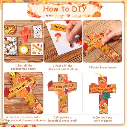 Funrous 48 Sets Fall Christian Kit Bulk Thanksgiving Cross Paper Crafts Religious Jesus Blessing Hanging Ornaments with Glitter Leaf Pompoms Stickers for Sunday School Classroom Activity Church