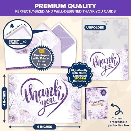 Decorably 24 Pack Glittery 6x4in Purple Thank You Cards with Envelopes