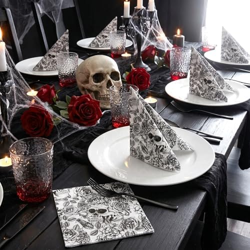 WRAPAHOLIC 50Pcs Halloween Cocktail Napkins - 3-Ply Black Gothic Skull Disposable Paper Napkins for Halloween, Birthday, Party - 5 x 5 In