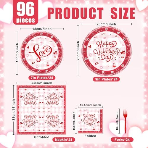 96 Pieces Valentine’s Day Tableware Set – Red and White Disposable Plates, Napkins, and Forks with Heart Balloons Designs for Romantic Dinners, Weddings, and Love-Themed Parties – Serves 24