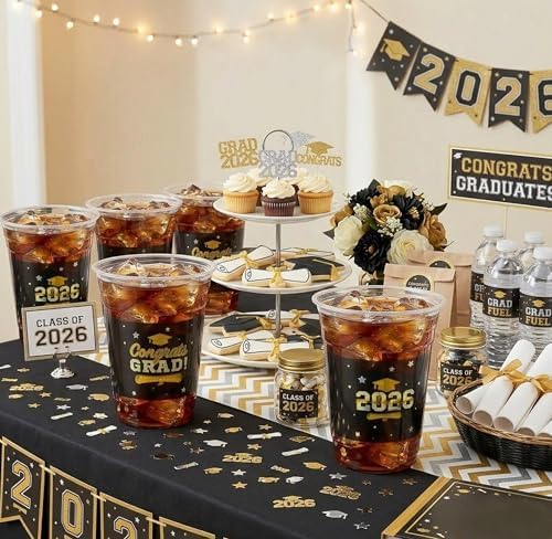 Gift Boutique Class of 2026 Graduation Plastic Cups 100 Pack Black 16 oz Disposable Drink Cups for Grad Party Supplies Beverages Events Celebration Tableware Decorations