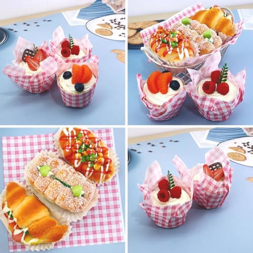 200 Pcs Pink Checkered Deli Paper, 7x7 Inch Waxed Food Wrapping Sheets - Grease Resistant Basket Liners for Burgers, Sandwiches, Bakery & Party Trays