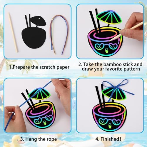 JULMELON 36PCS Luau Crafts for Kids, Rainbow Scratch Art Hawaiian Party