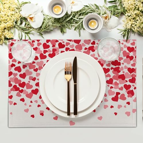 Valentine's Day Pink Love Heart Placemats Set of 4 Valentine Dining Place Mat Heat Resistant Washable Wedding Anniversary Rectangle Table Mat for Outdoor Kitchen Home Party 12x18 Inch