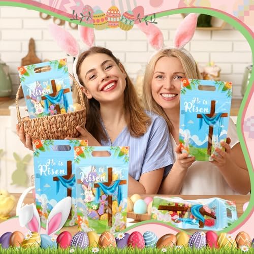 Engrowtic 50 Pcs Easter Treat Bags Reusable Easter Zipper Bags He Is Risen Plastic Gift Bag with Cross Bunny Holiday Bag with Handles for Spring Party Favor Wrapping Supplies