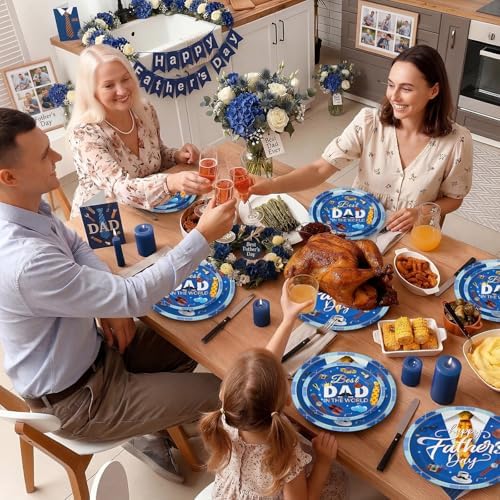24 Pcs Happy Father's Day Plates Set - Blue Best Dad Paper Plate, Disposable Happy Fathers Day Round Dinner Dessert Plates Tableware for Grandpa Father Days Party Supplies Favors Table Decorations
