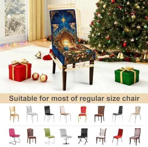 Nativity Scene Chair Covers Set of 4, Stretchable Dining Chair Slipcovers with Christmas Angels and Star for Holiday Décor