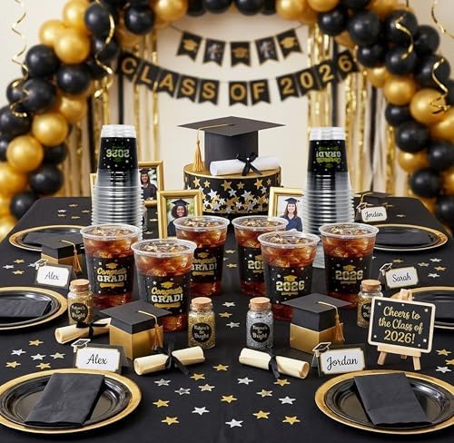 Gift Boutique Class of 2026 Graduation Plastic Cups 100 Pack Black 16 oz Disposable Drink Cups for Grad Party Supplies Beverages Events Celebration Tableware Decorations