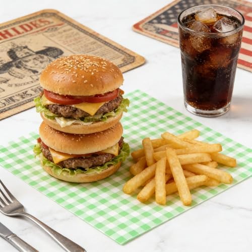 200 Pcs Green Checkered Deli Paper, 7x7 Inch Waxed Food Wrapping Sheets - Grease Resistant Basket Liners for Burgers, Sandwiches, Bakery & Party Trays
