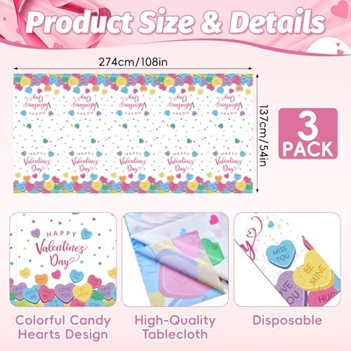 Gistome 3-Piece 54 x 108 Inch Valentine’s Day Plastic Tablecloth – Colorful Candy Heart Disposable Table Covers for Valentine’s Parties, Weddings, Classrooms, and Romantic Celebrations