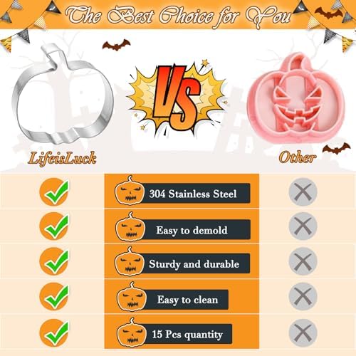 15 Pcs Halloween Cookie Cutters Stainless Steel Fall Cookie Cutter Shape Set DIY Holiday Biscuit Cutter Mold with Ghost Pumpkin and more Halloween Set for Food Party Baking Supplies Decorations