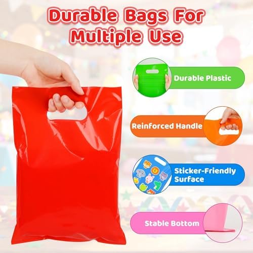 VieFantaisie 50 PCS Red Party Favor Bags, 8" x 11" Goodie Bags for Candy Treat Craft Easter Egg, Plastic Gift Bag with Die Cut Handles for Birthday Party, School Events & Small Business, Wedding